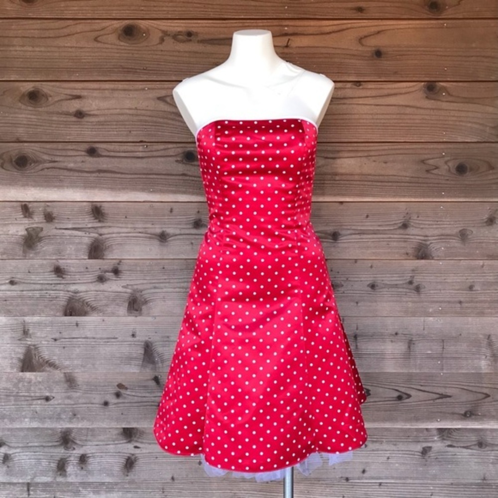 Vintage Jessica McClintock Gunne Sax Red & White Polka Dot Strapless Dress 3/4